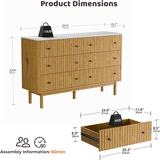 Fluted 6 Drawers Dresser for Bedroom, 54" Wide Modern Chest of Drawers with Faux Marble Top, Curved Profile Design, Solid Wood Legs, Wodden Dresser TV Stand, Storage Organizer for Bedroom,Oak