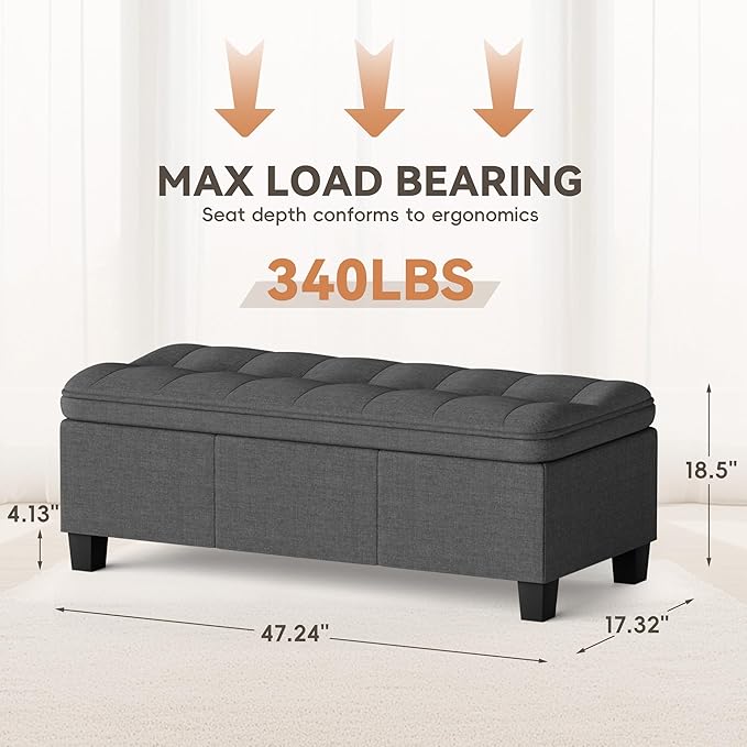 YESHOMY 47 Inches Ottoman with Storage, Storage Bench with Legs, Ottomans for Living Room, Entryway, Adjustable & Movable, Easy Assembly, Linen Fabric Dark Gray