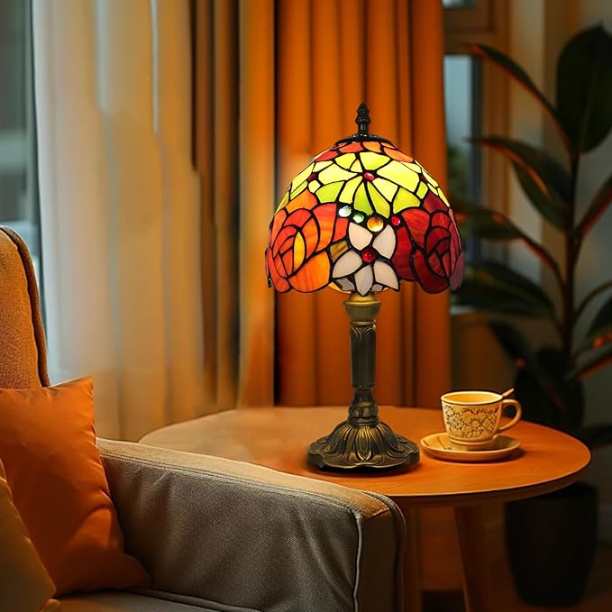 Small Tiffany Table Lamp 8" Flower Design Stained Glass Shade Red Yellow Floral Multi-Color 14.6" Tall Vintage Bedside Light for Living Room Sofa Side Bedroom nightstand