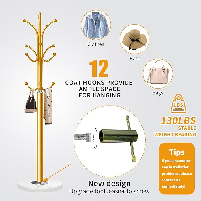 Metal Coat Rack Stand with Natural Marble Base, Coat Rack Freestanding, Free Standing Hall Tree with 12 Hooks for Hanging Clothes, Bags, Scarfs, Coat Hanger for Entryway, Hallway (Gold)