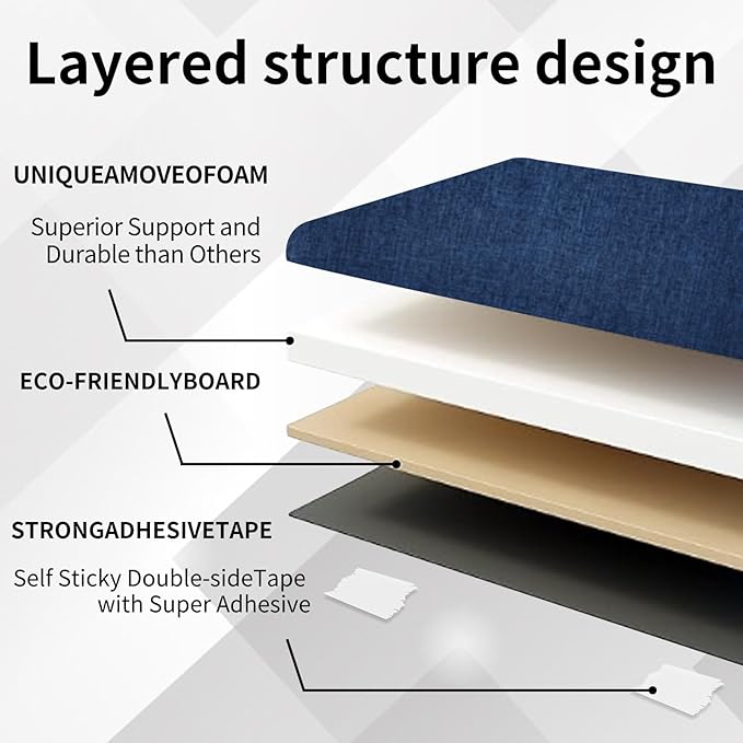 Peel and Stick Upholstered Headboard, 3D Soundproof Padded Wall Panels for King Size, Soft Tufted Bed Headboard, Reusable and Removable Bed in Blue (12 Panels, 10" x 24")