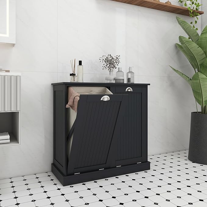 Tilt Out Laundry Hamper Cabinet with Removable Basket, Double Hidden Laundry Hamper Cabinet, Wood Bathroom Storage Cabinet, Free Standing Home Organizer, (Black)