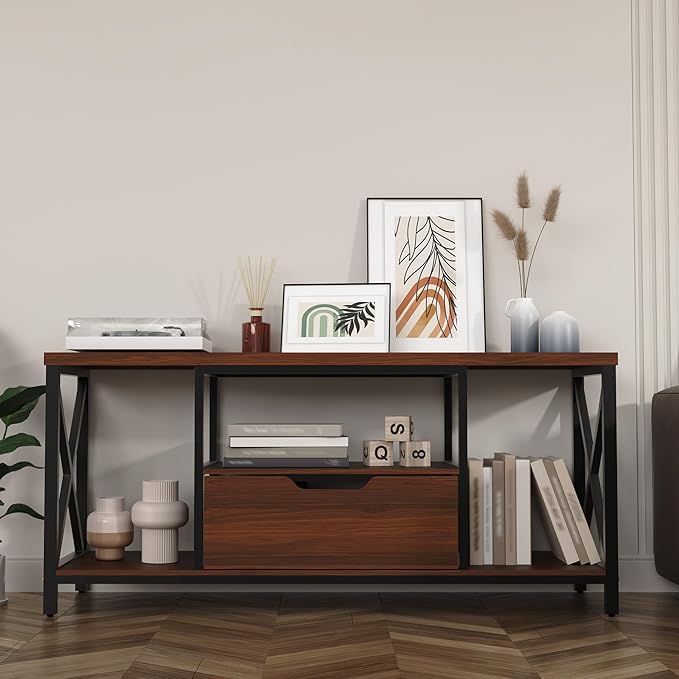 TV Stand with Drawer for TVs up to 60 Inch, Industrial TV Console Table with Open Storage Shelves, Modern Entertainment Center for Living Room, Brown