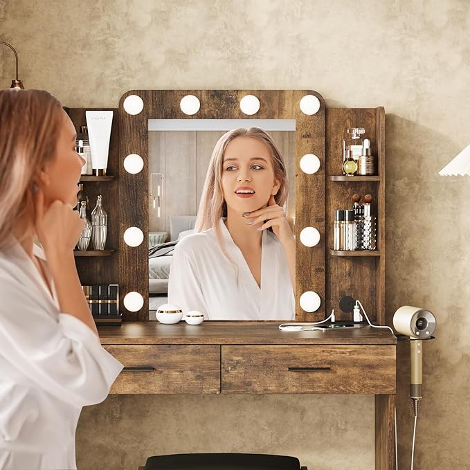 Maupvit Vanity Desk with Mirror and Lights,Makeup Vanity Table Set with Power Outlet,3 Lighting Modes & Adjustable Brightness Dressing Table with 2 Drawers for Bedroom Dressing Room,Rustic Brown