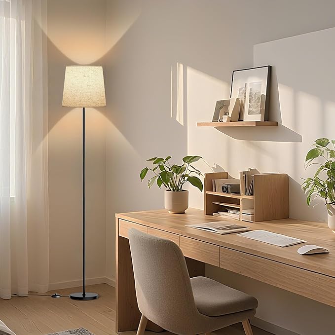 Floor Lamp with Linen Shade - 62" Dimmable LED Standing Lamp with Foot Switch, 3 Color Temps, 9W E26 Bulb Included, Black Floor Reading Light Corner Lamp for Living Room Bedroom Office
