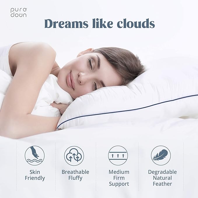 puredown® White Goose Feather and Down Pillows, 2 Pack Luxury Bed Pillows for Sleeping with 100% Cotton Cover, King Size