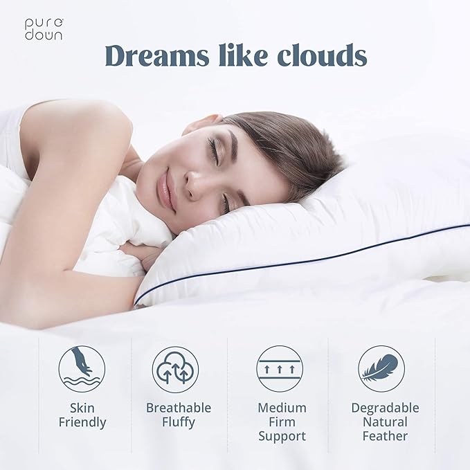 puredown® Premium White Goose Feather and Down Pillows, 2 Pack Luxury Bed Pillows for Sleeping with 100% Cotton Cover, Standard Size, Navy