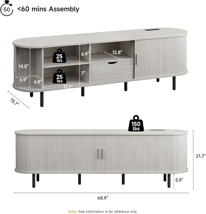 69" TV Stand with Power Outlet for TVs up to 80", Entertainment Center with Storage and Drawer, TV Console with Adjustable Shelves and Sliding Door, TV Stand for Living Room, Natural White