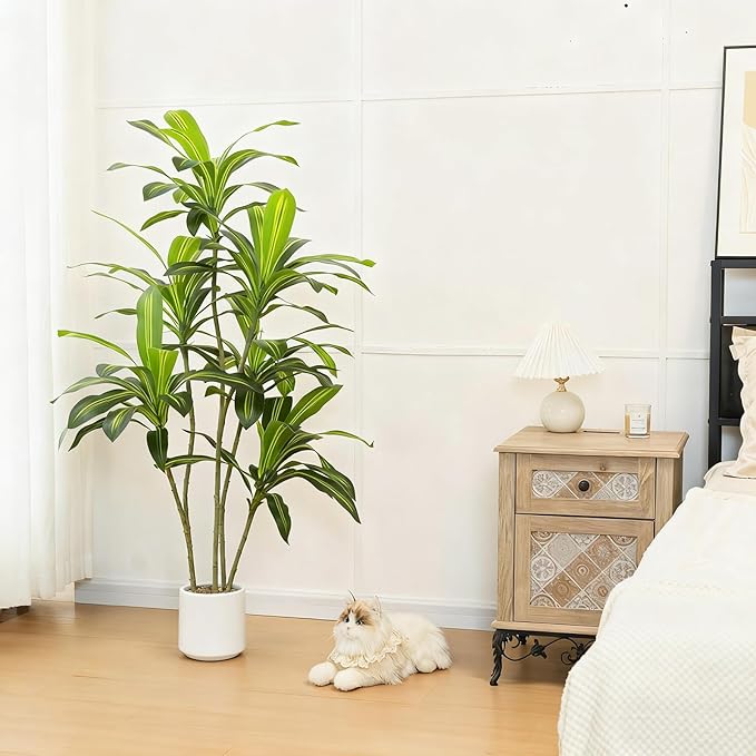 Artificial Dracaena Tree 5FT Tall, Realistic Faux Indoor Floor Plant for Home & Office Decor, White Round Planter with Decorative Stones – UPBUD