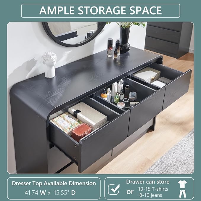 Modern 7 Drawers Dresser for Bedroom, 47" Wide Wood Dressers & Chests of Drawers w/Curved Profile Design, Mid Century Modern Dresser w/Natural Texture for Bedroom, Living Room, Black