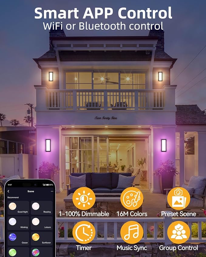 RAYVO Outdoor Wall Lights 2 Pack, 1500LM RGBCW Smart Porch Lights Color Changing Exterior Lighting Fixtures, IP65 Waterproof Outdoor Sconce Lights, Compatible with Alexa Google Assistant, ETL Listed