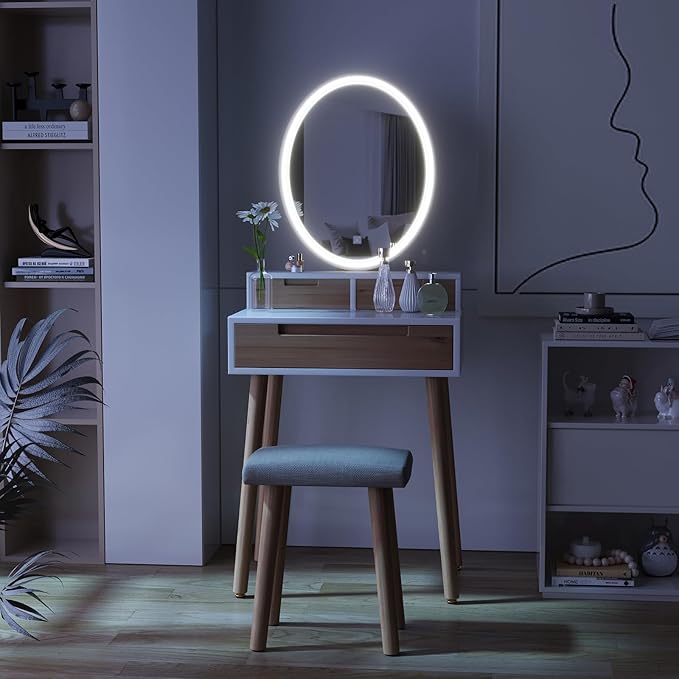 YOURLITE Small Makeup Vanity Desk with Lights, Compact Vanity Desk with Adjustable Brightness Mirror for Small Spaces, Dressing Table with Drawers and Storage Shelves