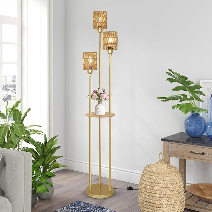 Boho Floor Lamp with Shelves, 3-Lights Farmhouse Tall Floor Lamp with ON/Off Foot Switch, Gold Modern Floor Lamps with Rattan Shades, Rustic Standing Lamp for Living Room, Bedroom, Office
