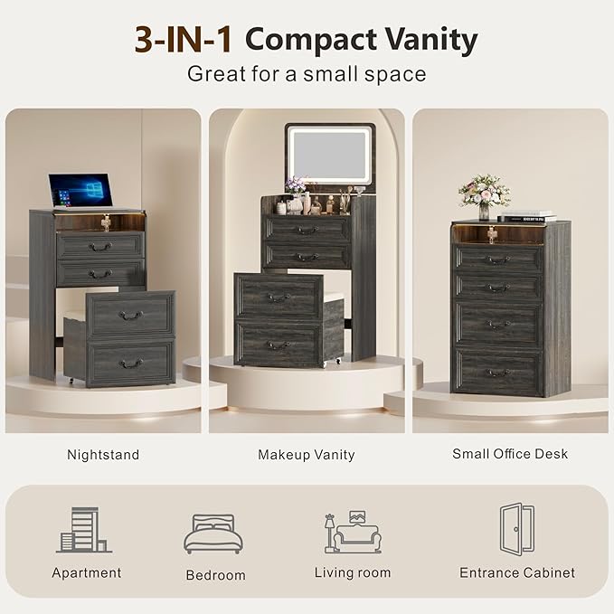 Farmhouse 3 in 1 Vanity with Flip Top Mirror, LED Small Makeup Desk with 2 Sockets USB, Compact Vanity with Glass Desktop, Storage and Cushioned Stool with Wheels,3 Drawers, for Bedroom