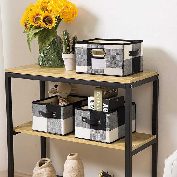 PRANDOM Fodable Storage Bins for Closet [3-Pack] Decorative Fabric Storage Baskets Cubes with Leather/Metal Handles for Shelves Bedroom Living Room Black and White Grid (11.5x8.5x6.7 Inch)