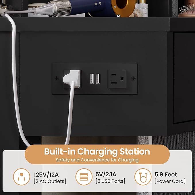 Corner Vanity Desk with Mirror and Lights, Power Outlet & Rotating Shelves, Makeup Vanities with Storage Bench, Drawers, 3 Light Settings, Dimmable for Women Girls, Bedroom, Black