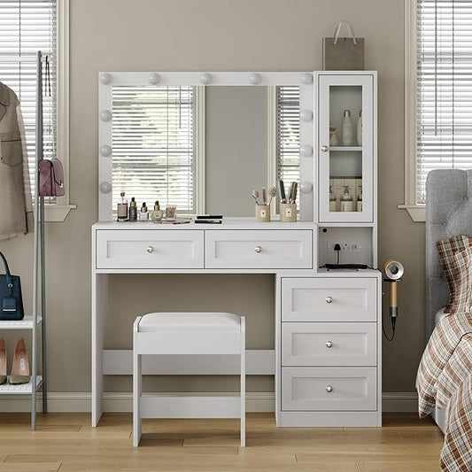 43" W Vanity Desk with Mirror & 11 Lights,Modern Makeup Desk with 5 Drawers & Cushioned Stool,3 Lighting Modes Brightness Adjustable,Power Outlet,Bedroom Dressing Table, White