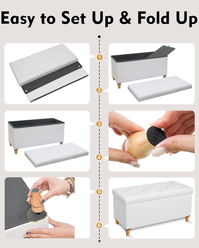 GLAXYFUR 30 Inches Storage Ottoman Bench with Wooden Legs, Faux Leather Folding Ottoman Foot Rest, Storage Bench for Living Room, Hallway & Bedroom, Upgrade Large Capacity (Engineered Wood, White)