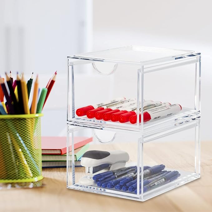 2 Pack Stackable Cosmetic Organizer Drawers, Clear Acrylic Makeup Storage Organizer Box, Plastic Storage Bins Vanity Container for Bathroom Countertop, Bedroom Dresser, Kitchen Cabinets