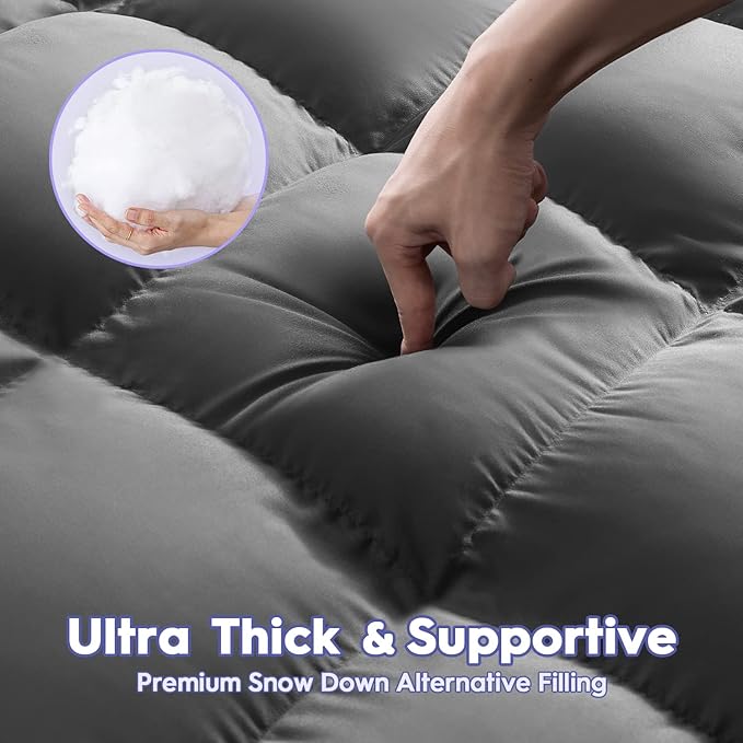 ABENE Mattress Topper Full for Back Pain Relief, Extra Thick Mattress Pad Pillowtop, Soft Mattress Protector Cover with 8"-21" Deep Pocket, Overfilled Down Alternative Filling (Gray, Full)