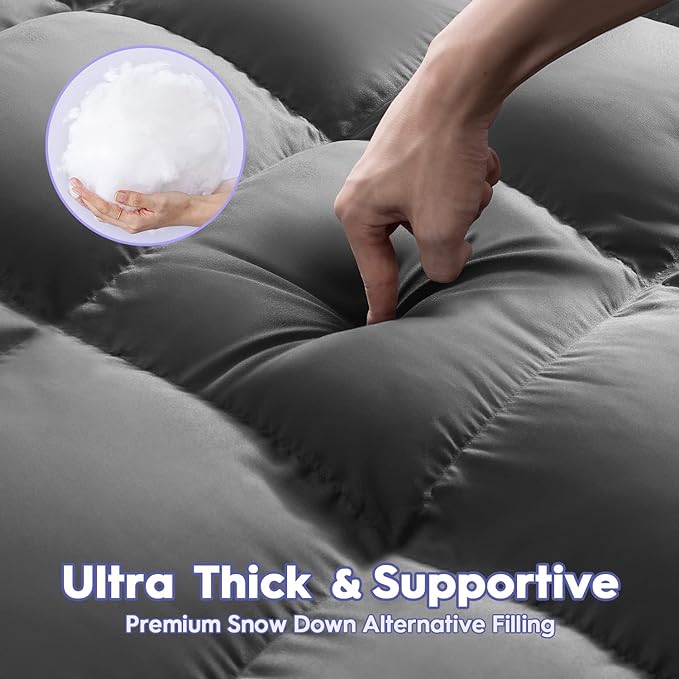 ABENE Mattress Topper King for Back Pain Relief, Extra Thick Mattress Pad Pillowtop, Soft Mattress Protector Cover with 8"-21" Deep Pocket, Overfilled Down Alternative Filling (Gray, King)