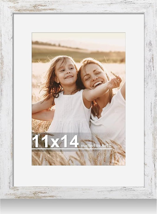 11x14 Picture Frame with Real Glass - 8x10 Wooden Frame with Mat, Horizontal and Vertical Display for Wall or Tabletop (Distressed White, 1 Pack)