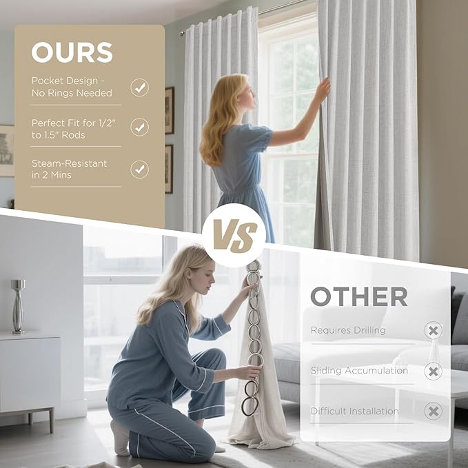 Joydeco 100% Blackout Curtains for Bedroom - Natural Linen Curtains 70" W x 96" L, Thermal Insulated 1 Panels White Light Blocking Drapes, Rod Pocket & Back Tabs, Darkening Privacy for Living Room