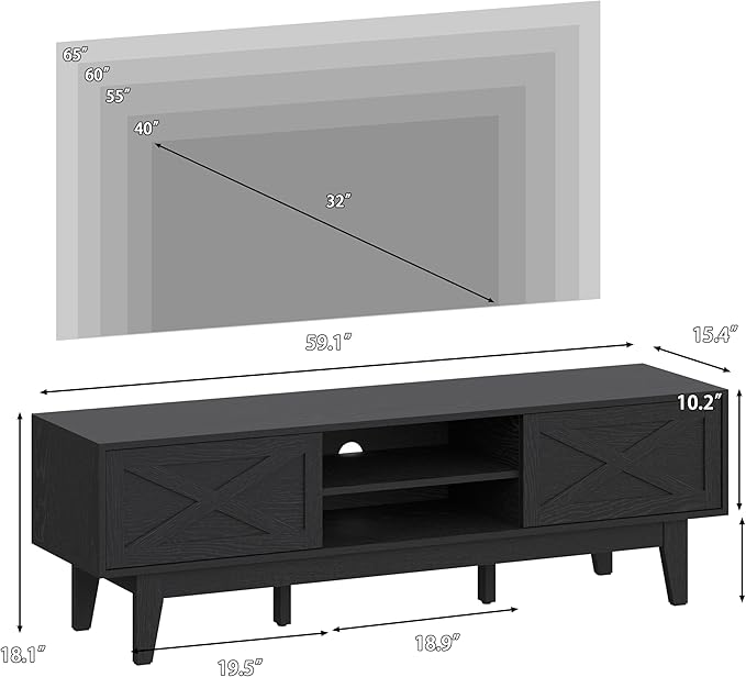 TV Stand for 55/60/65 Inch TV, Farmhouse Entertainment Center with Shelves, Cabinets and Sliding Doors, Rustic TV Media Console Table with Solid Wood Feet & Cord Holes for Living Room, Bedroom, Black