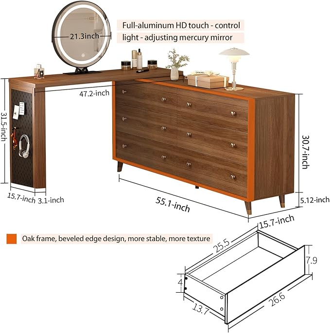 Makeup Vanity Desk Set with Full Aluminum HD Lighted Mirror and Stool, 60-100in Extendable Modern Vanity Table, 6-Drawer Solid Wood Frame Chest, Dressing Table for Bedroom, Brown