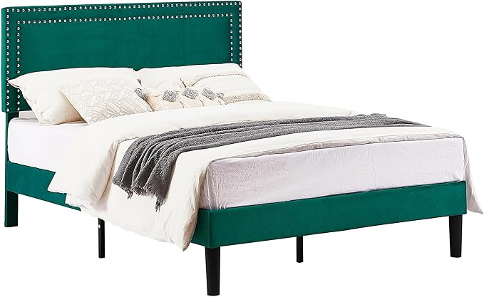 VECELO Bed Frame Queen Size with Adjustable Upholstered Headboard, Wooden Slats Platform, Noise-Free Design, Easy Assembly