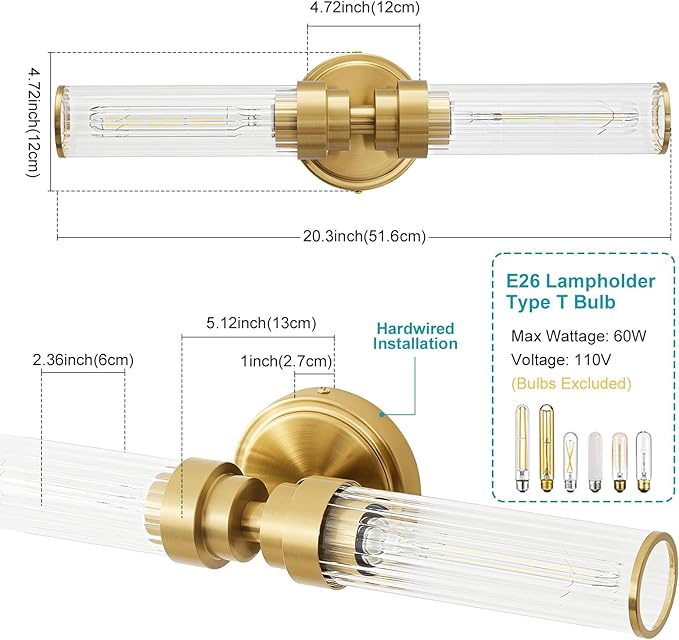Bathroom Light Fixtures, Gold Wall Sconce in Threaded Glass Vanity Lights 2 Pack, Modern Bathroom Vanity Light Up and Down Sconces Wall Lighting for Bathroom, Living Room - Bulb Not Included