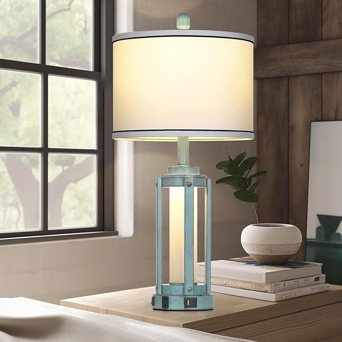 Industrial Farmhouse Table Lamp, 26" Vintage Rustic Beside Lamp with USB A+C Charging Ports & AC Outlet, Nightstand Metal Lamp with LED Night Light & Fabric Shade for Living Room Bedrooms Blue