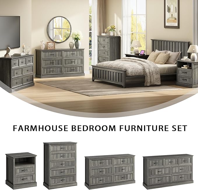 Farmhouse 6 Drawer Dresser for Bedroom, 55 Inch Wide Modern Grey Dresser TV Stand with Large Drawers & Bar Handles, Rustic Wood Chest of Drawers for Bedroom, Living Room, Hallway, Entryway.