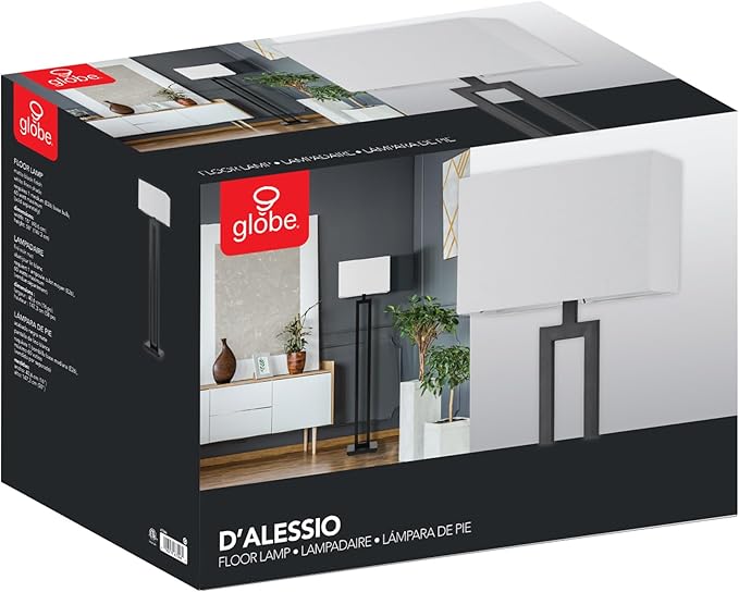 GLOBE Electric 67046 58" Floor Lamp, Matte Black Finish, White Linen Rectangular Shade, Modern Geometric Cutout Design, E26 Base