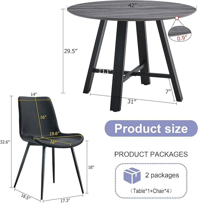 Round Dining Table Set for 4, Round Kitchen Dining Table and Chairs Set for 4,42" Modern Dining Room Table Set for 4 with PU Leather Chairs for Small Space Kitchen Office Cafe Apartment