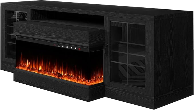 CharaVector 3-Sided Farmhouse TV Stand for TVs up to 75'', Modern TV Console with Glass Door Storage Cabinet, 60'' Large TV Stands for 30''Fireplace, Black (ONLY TV Stand)