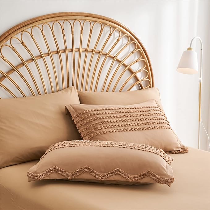 KAKIJUMN Khaki Tufted Comforter Set Queen Size 7 Piece Bed in a Bag, Shabby Chic Boho Comforter and Sheet Set, All Season Soft Microfiber Complete Bedding Set(Khaki,Queen)