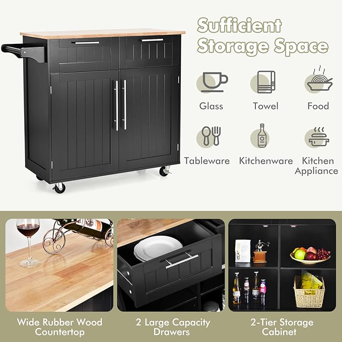 COSTWAY Kitchen Island Cart on Wheels, with Side Towel Bar, 2 Drawers, 2 Door Cabinet, Rolling Storage Trolley Cart with Rubber Wood Top & Lockable Casters (Black)