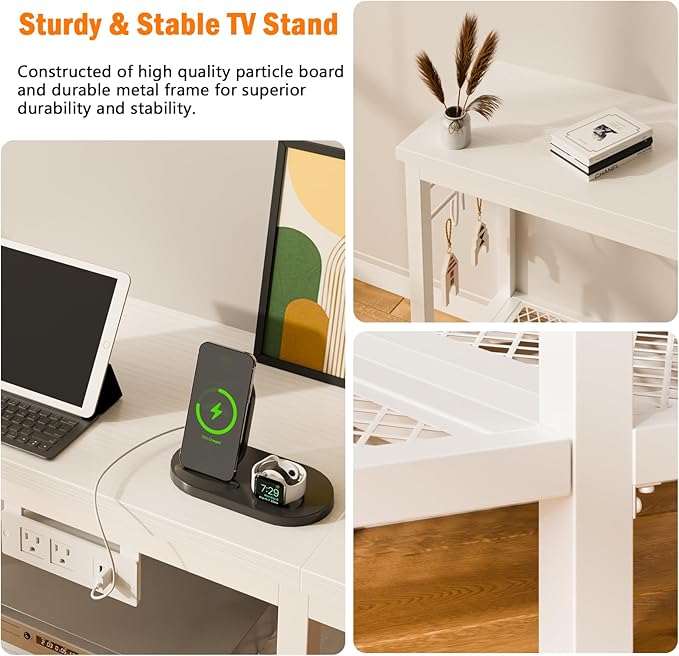 Furologee TV Stand with Power Outlets, Entertainment Center with Open Storage Shelves for TVs up to 55 Inch, TV Media Console Table with Soundbar Shelf for Living Room, Bedroom, White