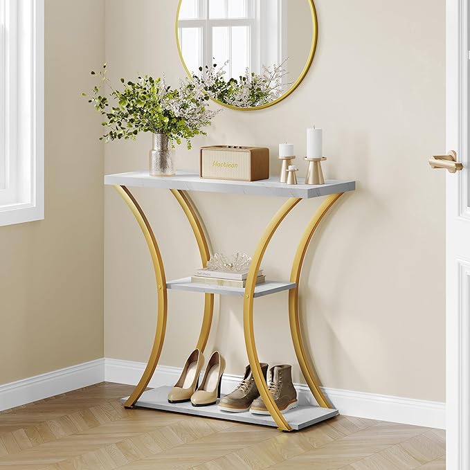 Hoctieon 3 Tier Console Table with Open Wood Shelves, Decorative Entryway Table with Curved Metal Frames, Narrow Sofa Table for Entrance, Living Room, Hallway, Gold and White Marbled