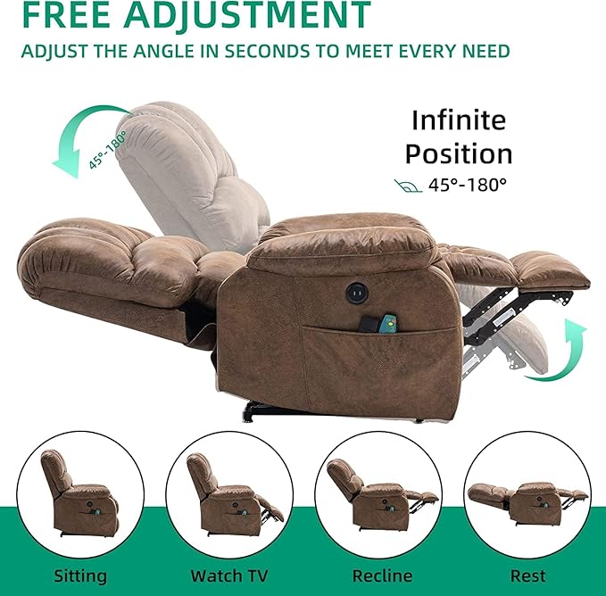 VIVIJASON Large Dual OKIN Motor Power Lift Recliner Chair for Elderly Big Man, 180° Lay Flat Electric Recliner with Heat & Massage, Infinite Position, 2 Remote Controls, Side Pockets & USB Port, Brown