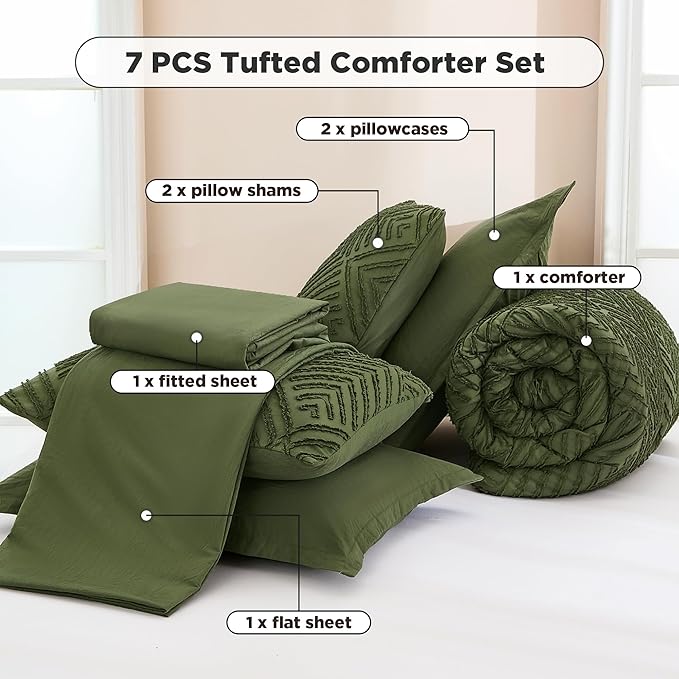Andency Super King Comforter Set Olive Green - 7 Piece Oversized King Bed in a Bag Olive Green Bedding Sets, Boho Tufted Bed Set with Comforter, Sheets, Pillowcases & Shams
