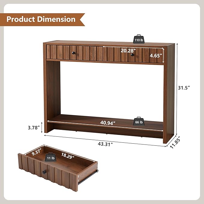 Console Table with Drawers, Narrow Mid-Century Fluted Entryway Table Sofa Table with Storage Shelf, Wood Entry Table Accent Behind Couch Table for Entrance, Hallway, Living Room (Walnut)