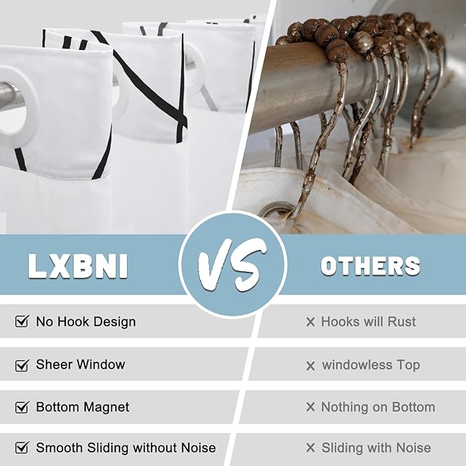 No Hook Black and White Striped Long Shower Curtain with Snap in Liner Set - Hotel Shower Curtain and Liner Set with See Through Mesh Top Window,Machine Washable, 71x86 INCH