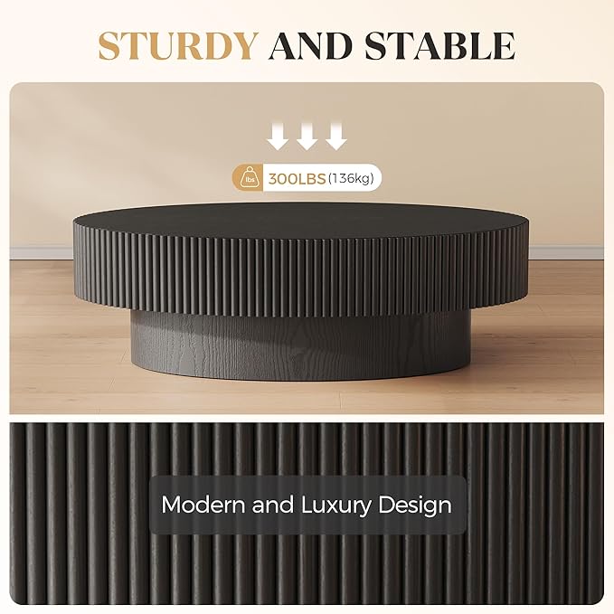 Oval Wood Coffee Table, Modern Fluted Coffee Table for Living Room, Veneer Handcrafted Relief 43.7" Olive-Shaped Tea Table with Sturdy Pedestal，Easy Assembly - Black