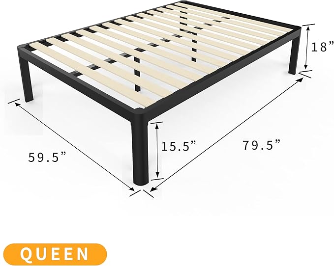 MAF Metal 18 Inch Queen Platform Bed Frame with Anti-Collision Round Legs, Black 3500 Lbs Heavy Duty Bed Frame with Wood Slats, No Box Spring Needed, Easy Assembly