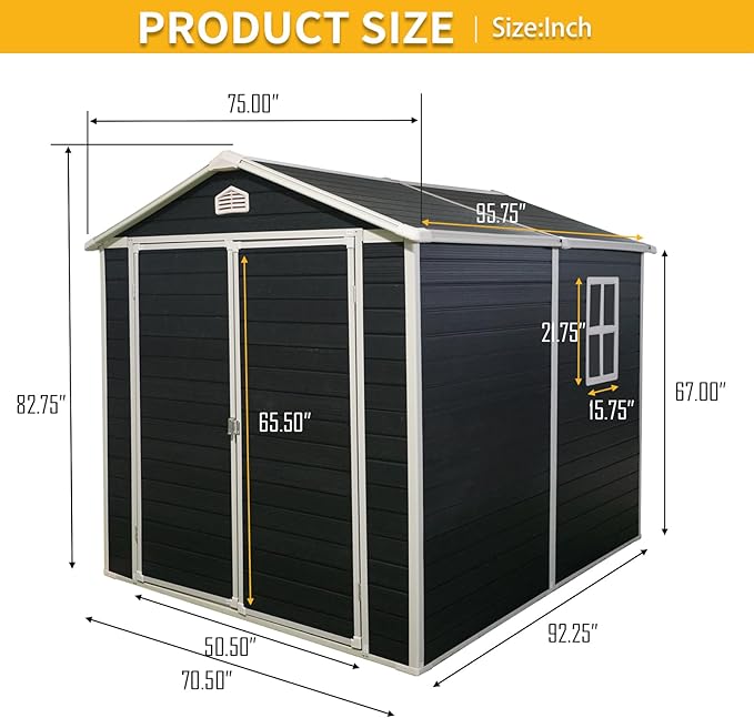 6x8 FT Outdoor Storage Shed, Resin Garden Shed with Thick Floor, Plastic Storage Shed with Window, Waterproof Outside Tool Shed with Lockable Hinged Doors for Backyard, Patio, Lawn, Black