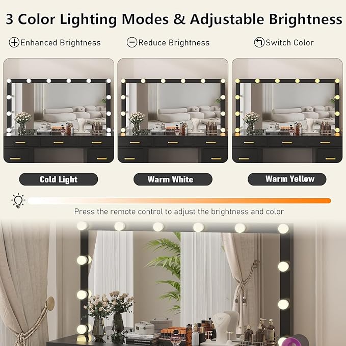 Likein Vanity Desk with Mirror and Lights & Power Strip, Glasstop Vanity Makeup Desk Set with 9 Drawers for Women Girls, Lights Adjustable Large Hollywood Mirror Dressing Table with Chair for Bedroom