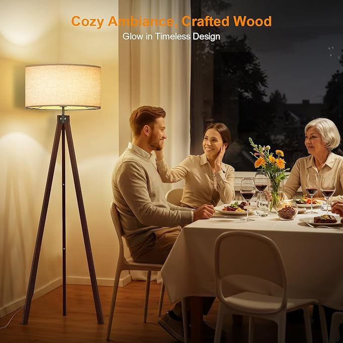 LEPOWER Wood Tripod Floor Lamp, Mid Century Standing Lamp, Modern Design Studying Light for Living Room, Bedroom, Study Room and Office, Flaxen Lamp Shade with E26 Base Walnut