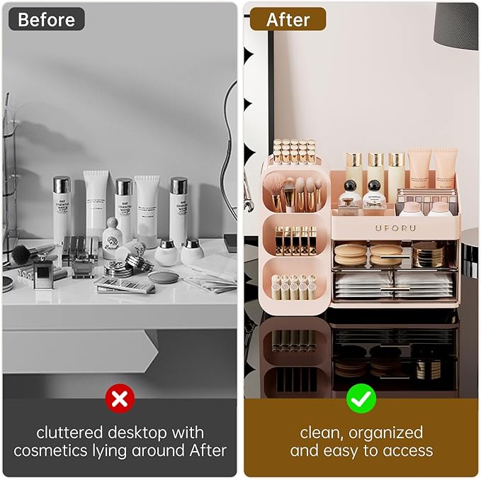 Makeup Organizer for Vanity with Brush Holder, Countertop Organizer with 2 Drawers, Spacious Cosmetic Display Case for Beauty Essential, Skincare, Lipstick